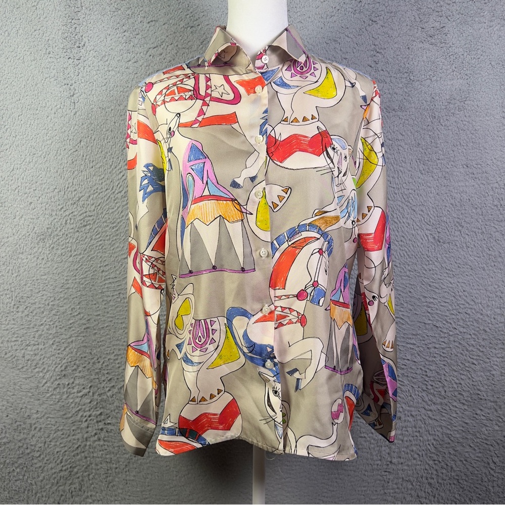 Vilagallo Top Womens 40 Multicolor Animals Stripe Button Up Summer Preppy Casual